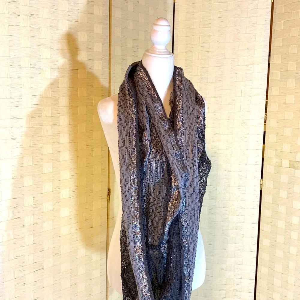 BLACK GRAY SILVER INFINITY SCARF with BLACK LACE and METALLIC THREAD - G…